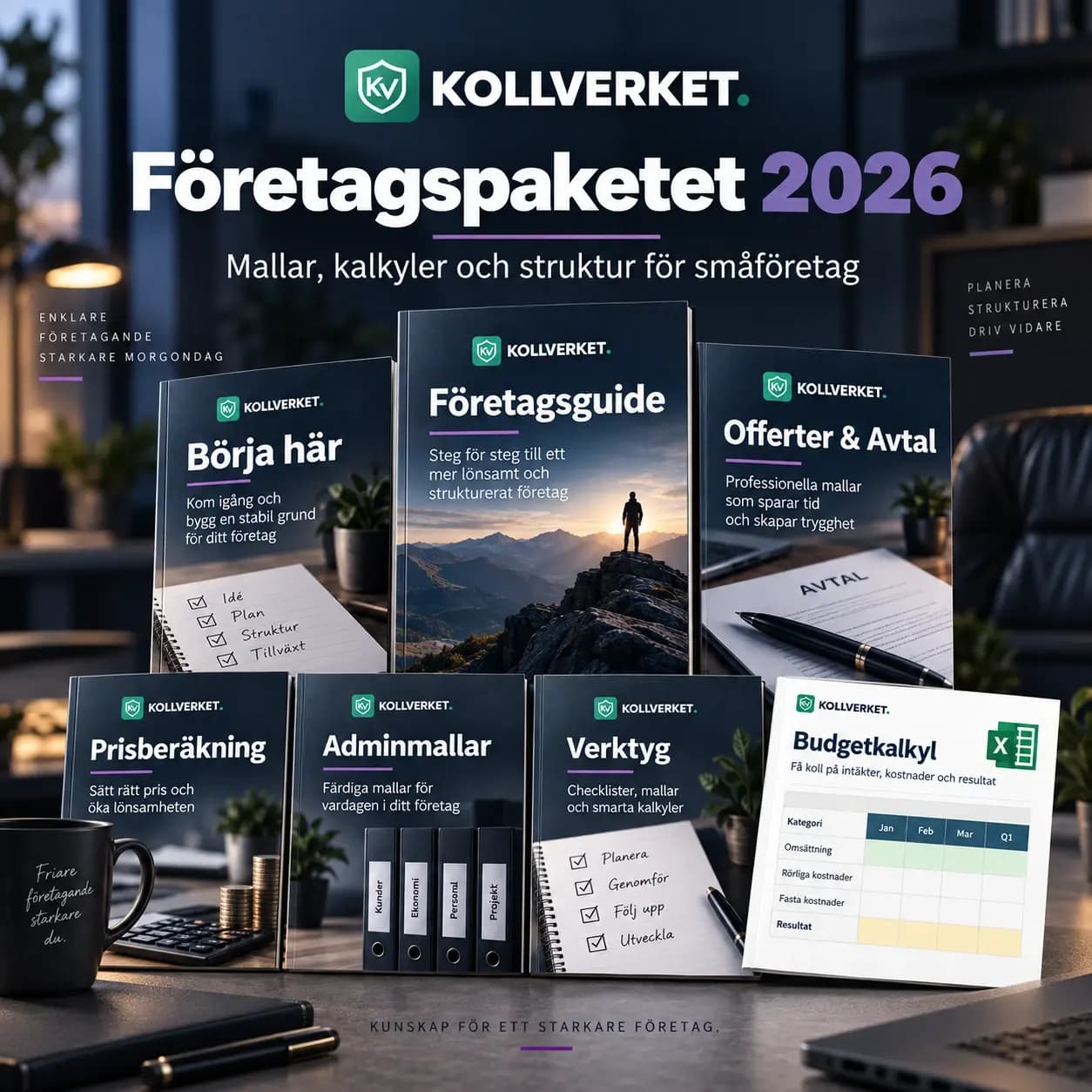 Företagspaketet 2026 från Kollverket med företagsguide, offert- och avtalsmallar, prisberäkning och budgetverktyg