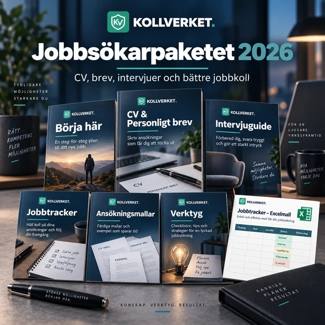 Jobbsökarpaketet 2026 från Kollverket med CV- och brevmallar, intervjuguide, jobbtracker och checklistor