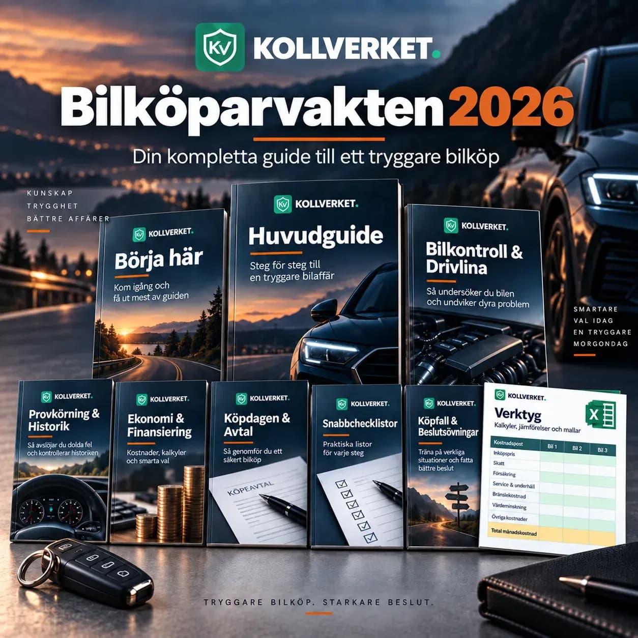Bilköparvakten 2026 från Kollverket med komplett bilköpsguide, tekniska kontroller, checklistor och kalkylverktyg